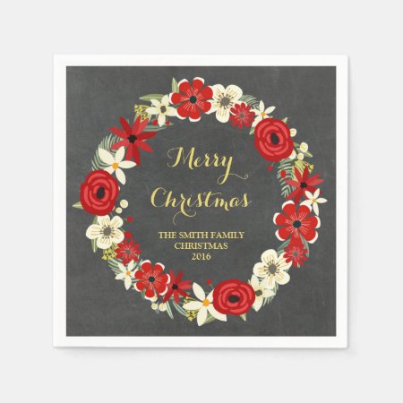Chalkboard Red Floral Wreath Christmas Napkin