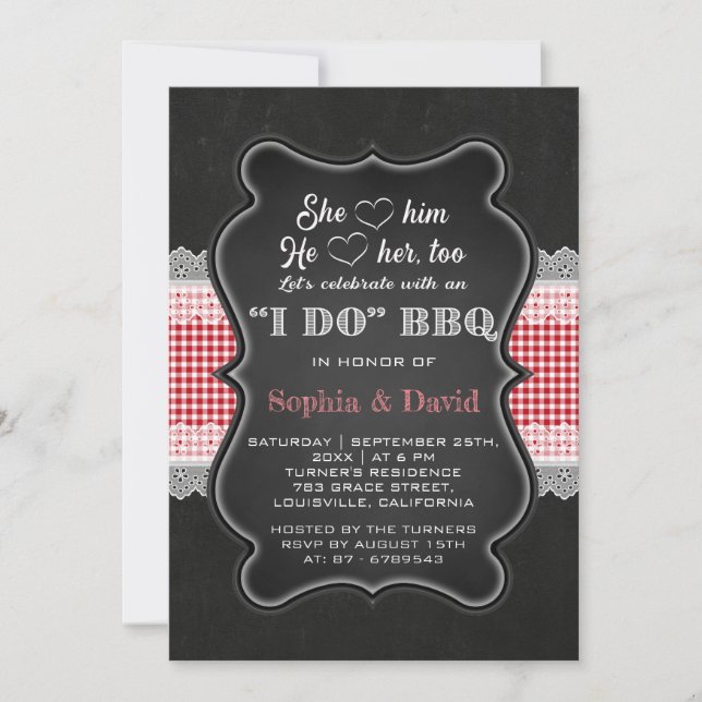 Chalkboard Red Gingham Lace I DO BBQ Engagement Invitation (Front)