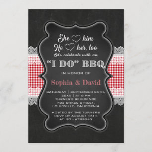 Chalkboard Red Gingham Lace I DO BBQ Engagement Invitation