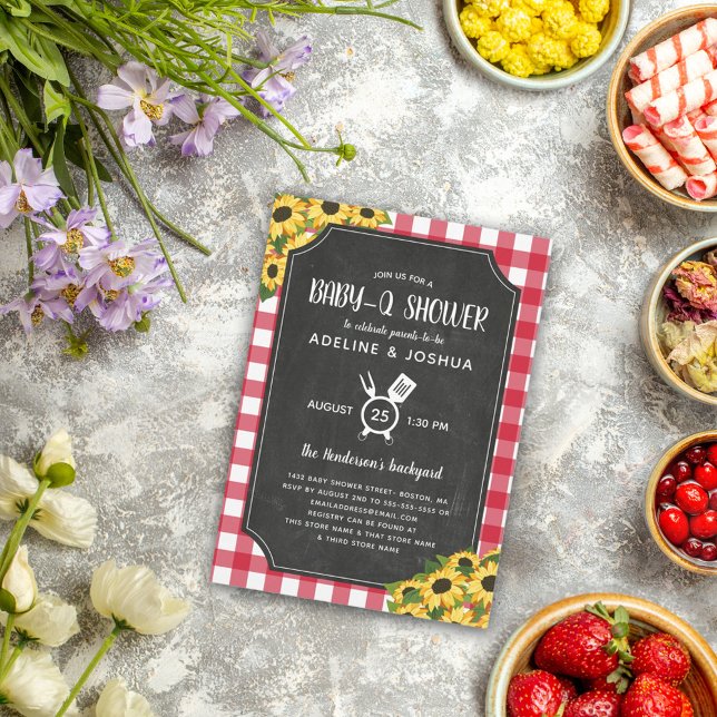 Chalkboard Red Gingham Sunflower Baby-Q Shower Invitation (Creator Uploaded)