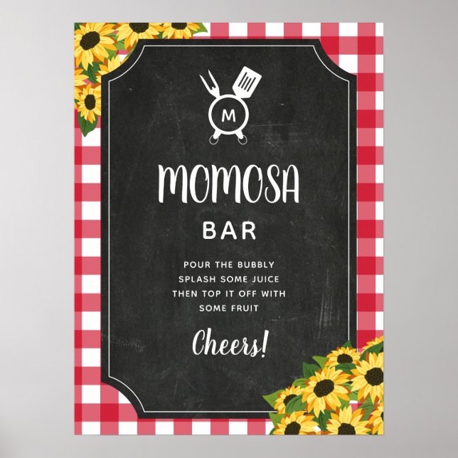 Chalkboard Red Gingham Sunflower Monogram Momosa Poster (Front)