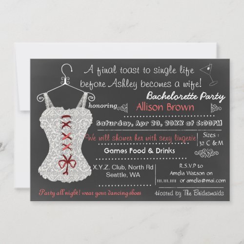 Chalkboard red Lace Lingerie Shower Bachelorette Custom Invite