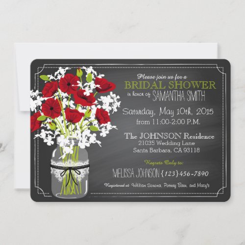 Chalkboard Red Poppies Jar Bridal Shower Invitation