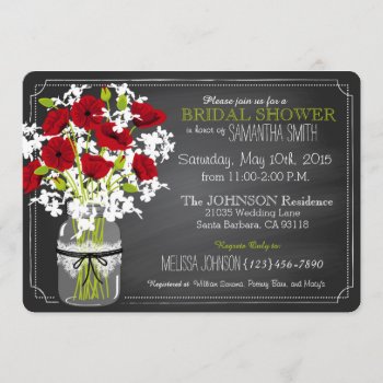 Chalkboard Red Poppies Jar Bridal Shower Invitation by NouDesigns at Zazzle