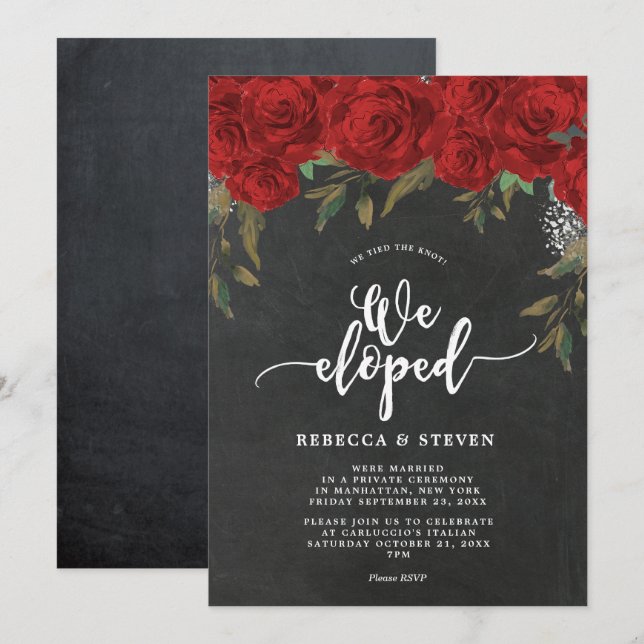 chalkboard red roses modern we eloped invitation (Front/Back)