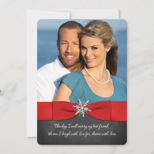 Chalkboard, Red, Silver Snowflakes Wedding Invite (Front)