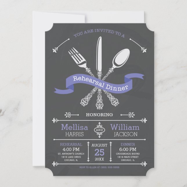 Chalkboard Rehearsal Dinner Purple Ribbon Invitation (Front)