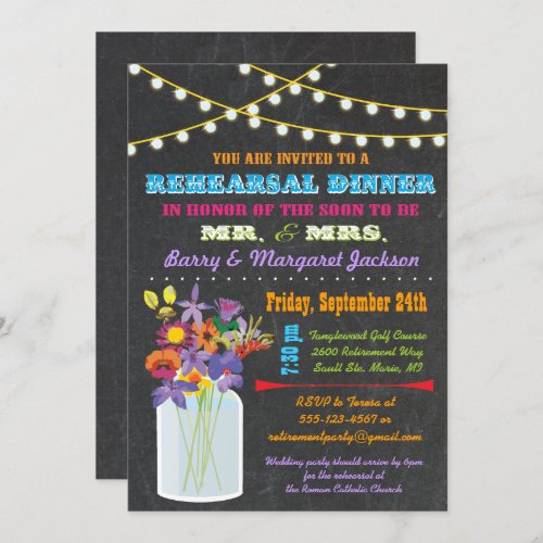 Chalkboard Rehearsal Dinner with mason jar flowers Invitation