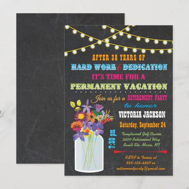 Chalkboard Retirement Party with mason jar flowers Invitation (Front/Back)
