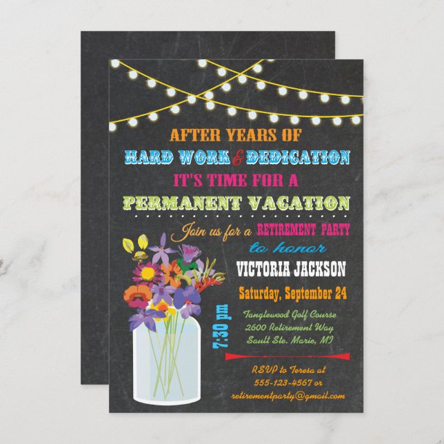 Chalkboard Retirement Party with mason jar flowers Invitation (Front/Back)