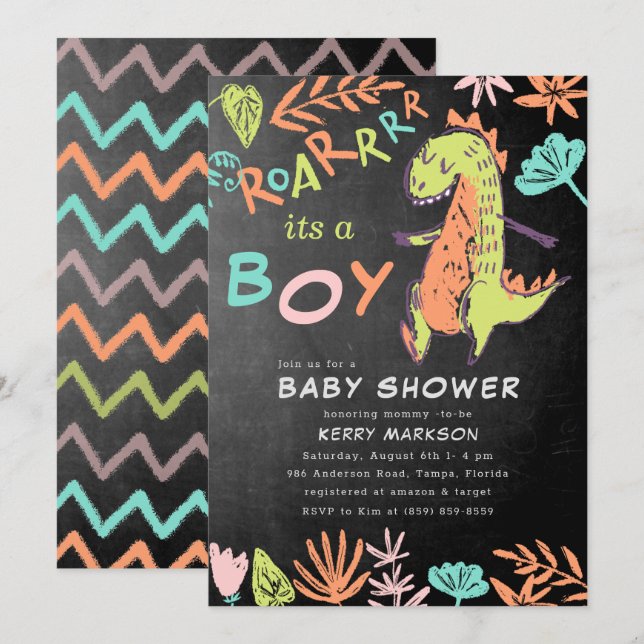 Chalkboard Roar its a Boy Cute Dino Baby Shower  Invitation (Front/Back)