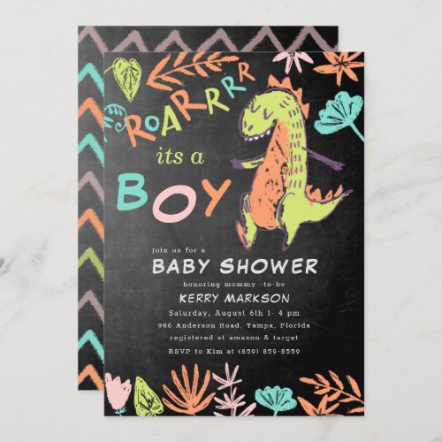 Chalkboard Roar its a Boy Cute Dino Baby Shower  Invitation