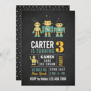Chalkboard Robots Birthday Party Invitation