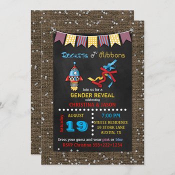 Chalkboard Rockets Or Ribbons Gender Reveal Invitation by nawnibelles at Zazzle