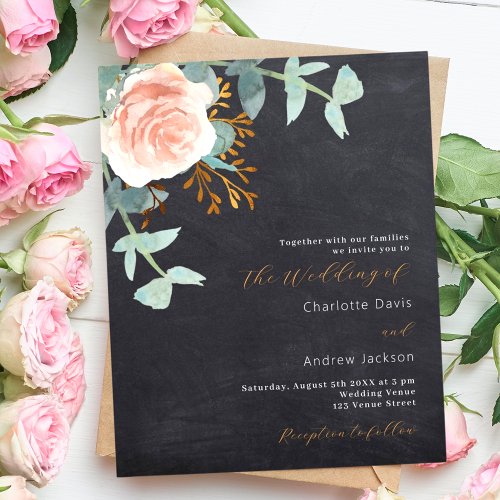 Chalkboard rose floral budget wedding invitation