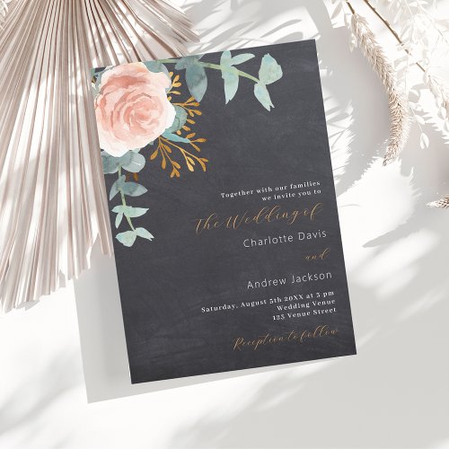Chalkboard rose gold floral greenery gray wedding invitation