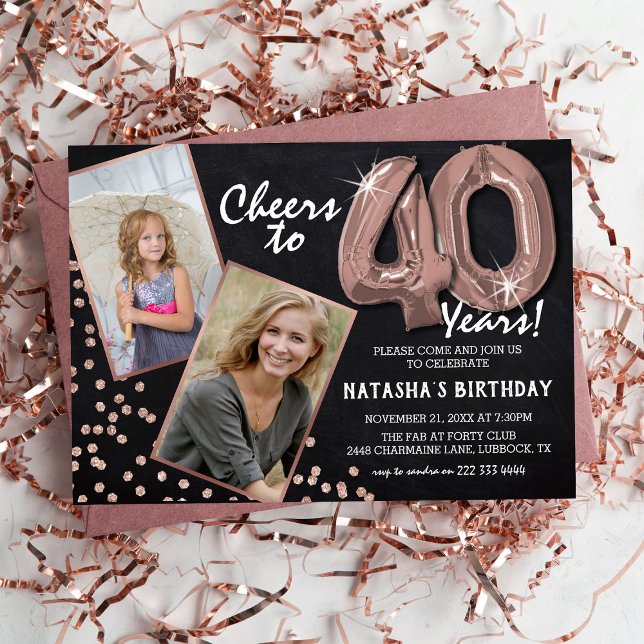 Chalkboard RoseGold Balloons 2 Photo 40th Birthday Invitation (Creator Uploaded)