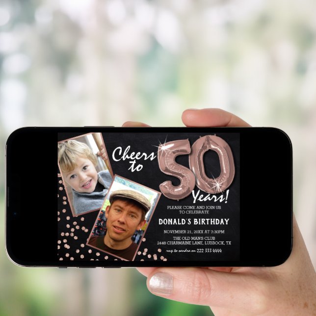 Chalkboard RoseGold Balloons 2 Photo 50th Birthday Invitation (Front Digital)