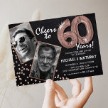 Chalkboard RoseGold Balloons 2 Photo 60th Birthday Invitation<br><div class="desc">Celebrating the BIG 60! These invites allow you to upload a before and after photograph of the birthday man or woman in a rose gold frame, with the title 'Cheers to 60 Years!'. Featuring a rustic chalkboard background, rose gold number helium balloons, faux rose gold glitter flecks and a simple...</div>