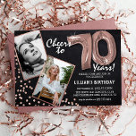 Chalkboard RoseGold Balloons 2 Photo 70th Birthday Invitation<br><div class="desc">Celebrate the milestone of stepping into the fantastic 70s with these unique 'Chalkboard Rose Gold Balloons 70th Birthday Invitations'. Enriched with a rustic chalkboard background and shimmering faux rose gold glitter flecks, these invites exude vintage charm and modern elegance. Upload a then-and-now photo of the birthday star and customize the...</div>