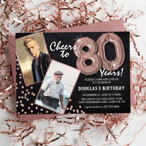 Chalkboard RoseGold Balloons 2 Photo 80th Birthday Invitation