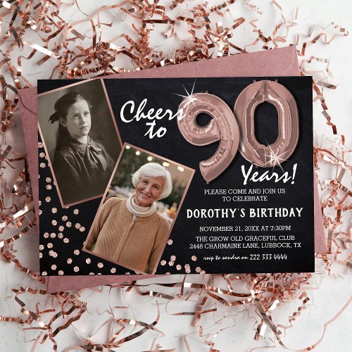 Chalkboard RoseGold Balloons 2 Photo 90th Birthday Invitation
