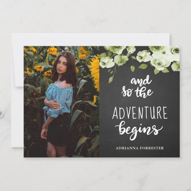 Chalkboard Roses Adventure Begins | Graduate Photo Invitation (Front)
