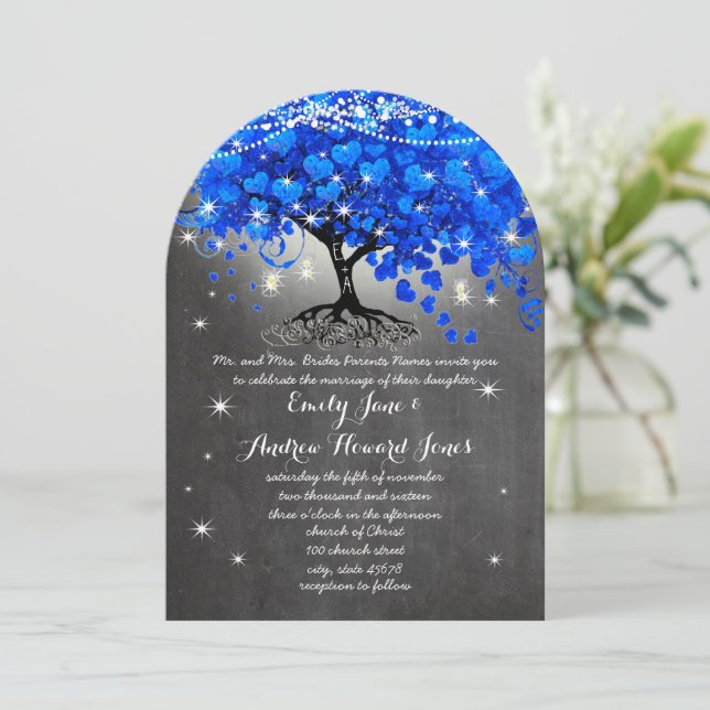 Chalkboard Royal Blue Heart Leaf Tree Mason Jar Invitation (Standing Front)