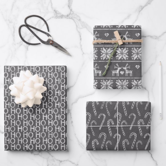 Chalkboard Rustic Black And White Christmas Wrapping Paper Sheets (Front)