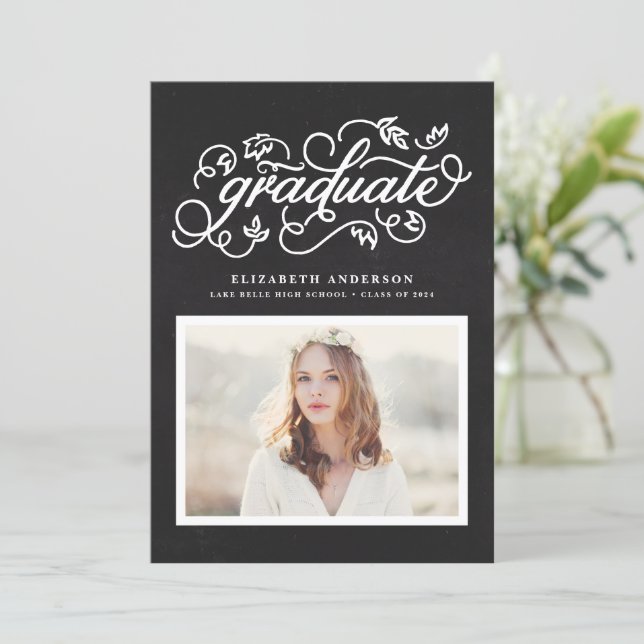 Chalkboard Rustic Calligraphy Photo Graduation Announcement (Standing Front)