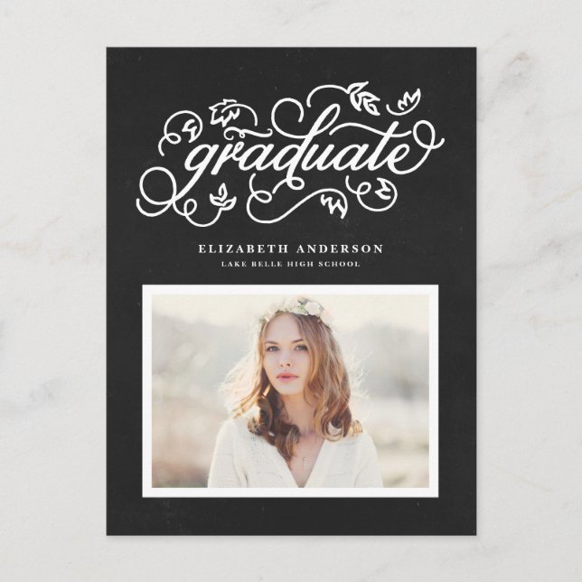 Chalkboard Rustic Calligraphy Photo Graduation Announcement Postcard (Front)