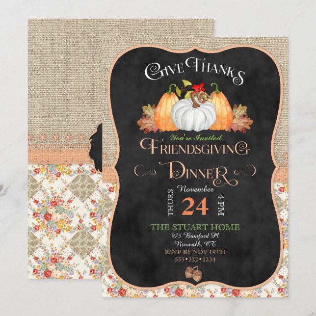 Chalkboard Rustic Country Friendsgiving Burlap Invitation (Front/Back)