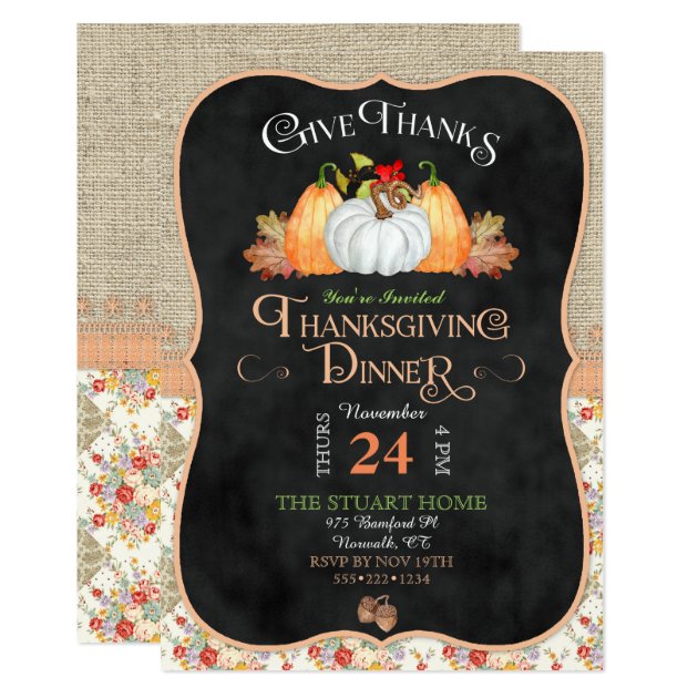 Chalkboard Rustic Country Thanksgiving Burlap Lace Card