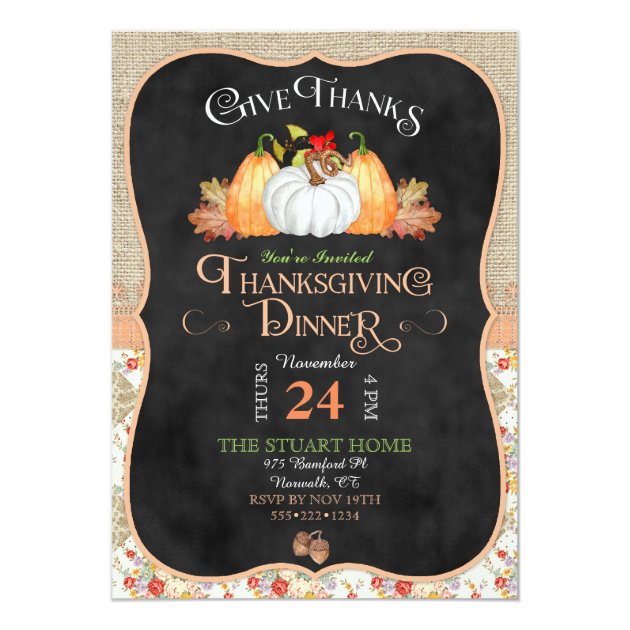 Chalkboard Rustic Country Thanksgiving Burlap Lace Card