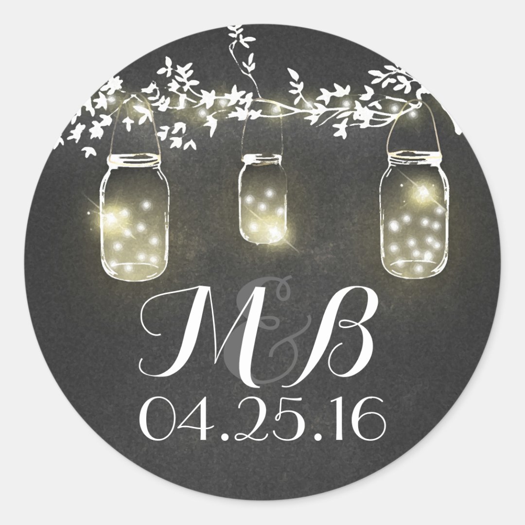 chalkboard rustic lights mason jars wedding classic round sticker Zazzle