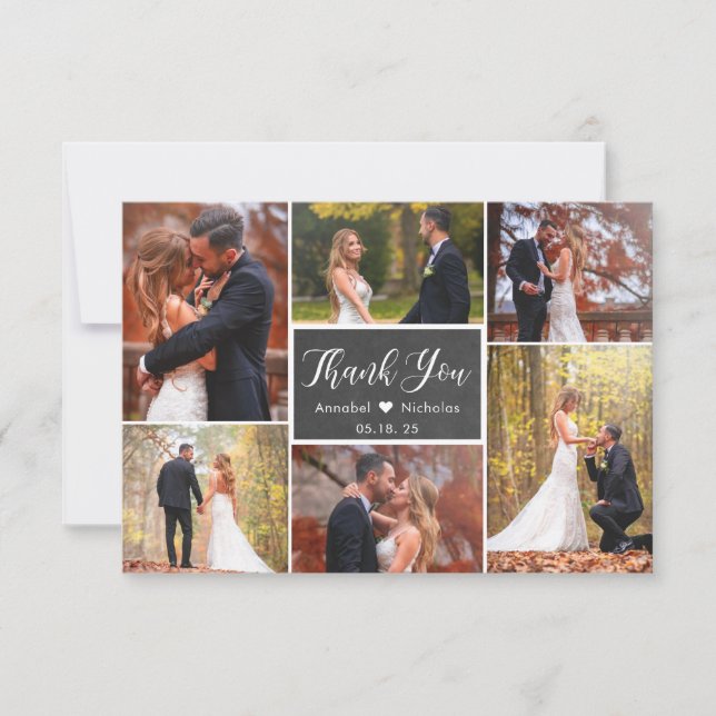 Chalkboard Rustic Script 6 Photo Collage Wedding  Thank You Card (Front)