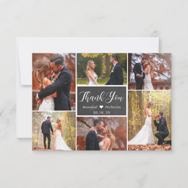 Chalkboard Rustic Script 6 Photo Collage Wedding Thank You Card | Zazzle