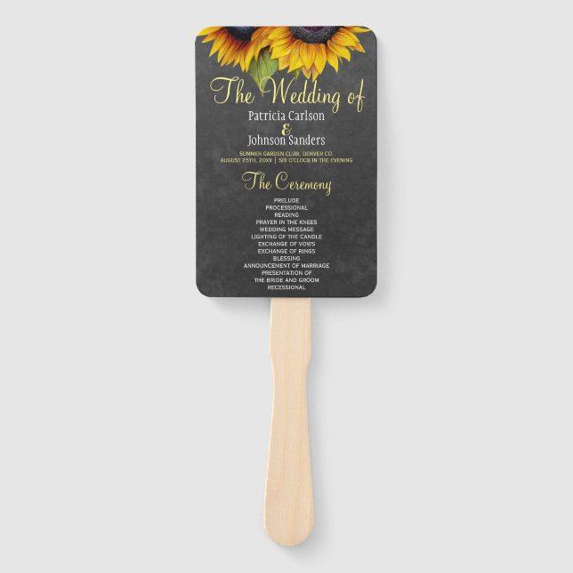 Chalkboard rustic sunflowers chic wedding program hand fan (Front)