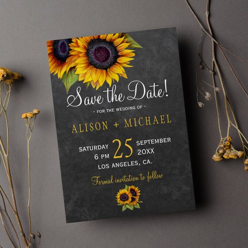 Chalkboard rustic sunflowers save the date wedding