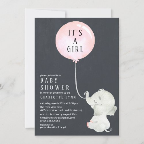 Chalkboard Rustic Sweet Elephant Baby Girls Shower Invitation