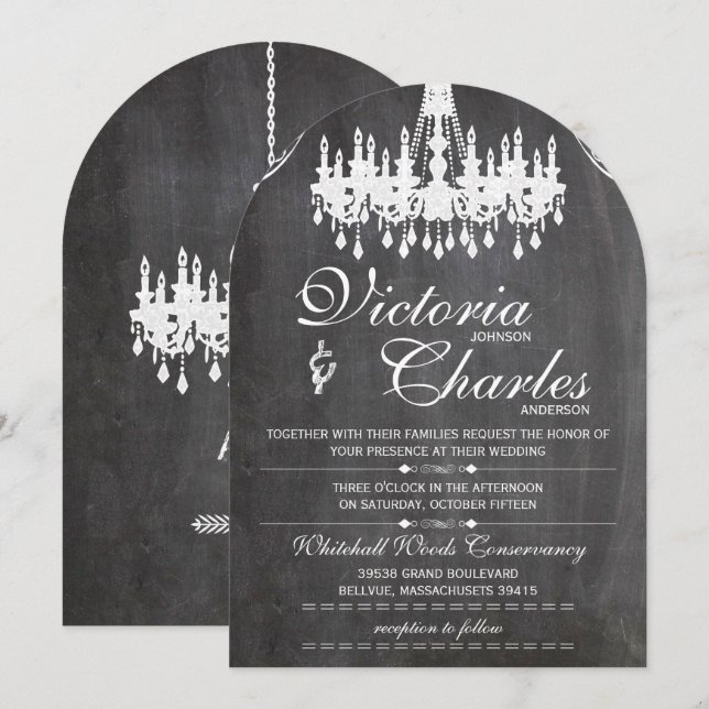 Chalkboard Rustic Vintage Typography Chandelier Invitation (Front/Back)