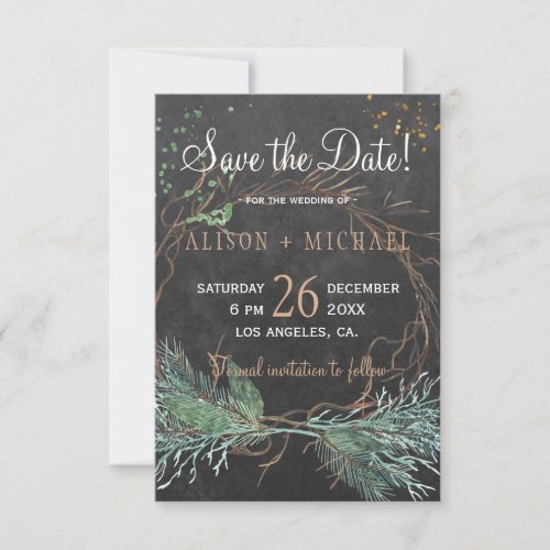 Chalkboard rustic winter wreath save date wedding save the date