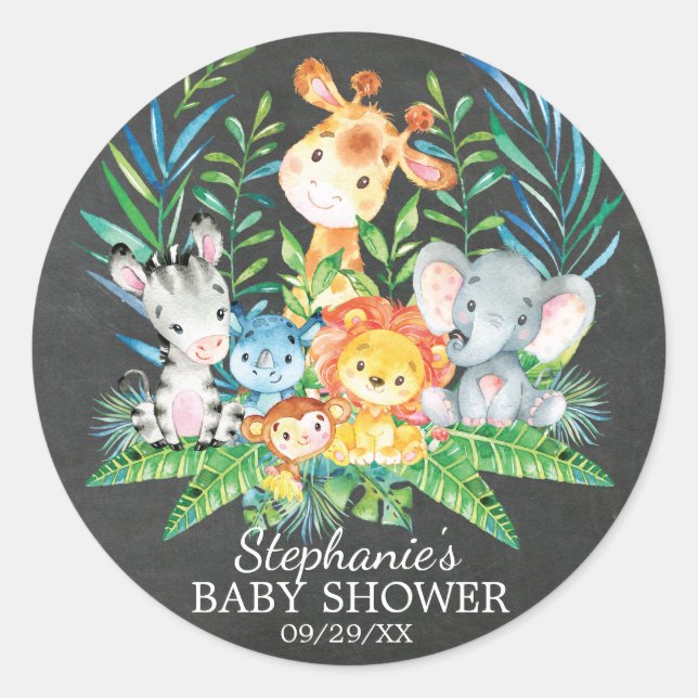 Chalkboard Safari Animal Baby Shower Favor Sticker (Front)