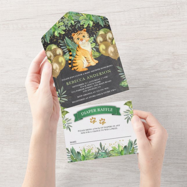 Chalkboard Safari Balloons Tiger Cub Baby Shower All In One Invitation (Tearaway)