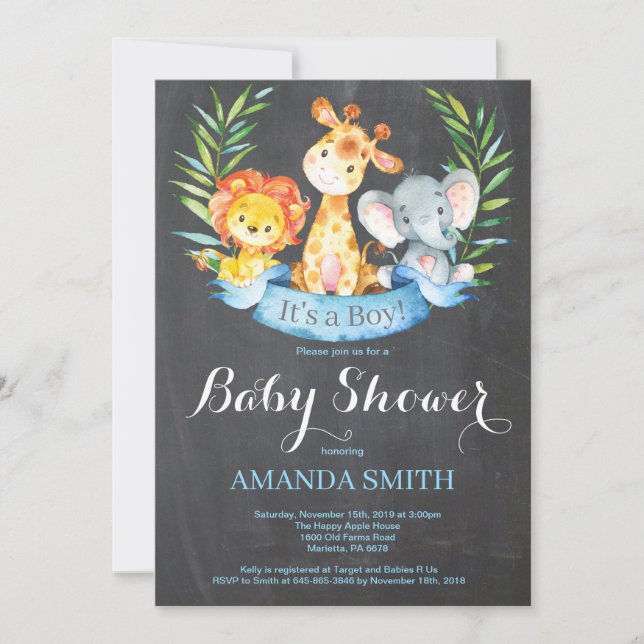Chalkboard Safari Jungle Animals Boy Baby Shower Invitation (Front)
