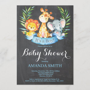 Chalkboard Safari Jungle Animals Boy Baby Shower Invitation