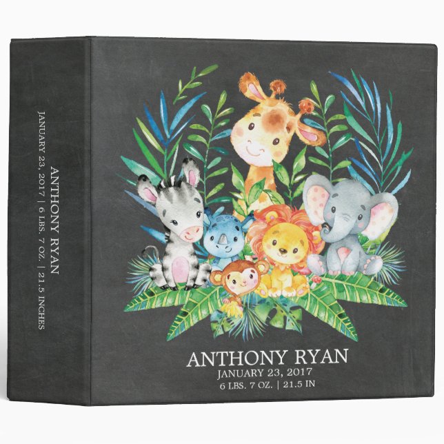 Chalkboard Safari Jungle Shower Baby Photo Album 3 Ring Binder (Front/Spine)