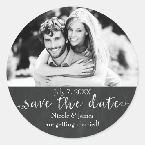 Chalkboard SAVE THE DATE Chalk Wedding Photo Classic Round Sticker