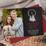 Chalkboard Save the Date Christmas Photo Card<br><div class="desc">This chalkboard wreath wreath save the date christmas photo card doubles as a holiday greeting and a save the date card. The design features your engagement photo, and a wreath with your last initial monogram overlaid with decorated white christmas trees on a chalk art background. The card reads "merry christmas...</div>