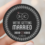 Chalkboard Save The Date Cute Monogram Classic Round Sticker<br><div class="desc">Cute custom monogram save the date invitation envelope stickers. Featuring a cute laurel wreath design encompassing wedding rings with your custom initials. Customize with your own initials and wedding date.</div>